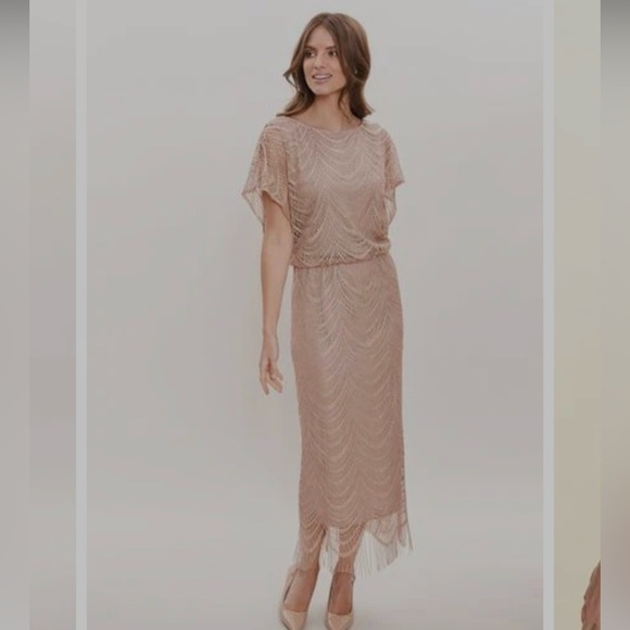 NWOT S.L. Fashions Women's Metallic Crochet Dress with Fringe Hemline. Size 8 - Picture 5 of 11